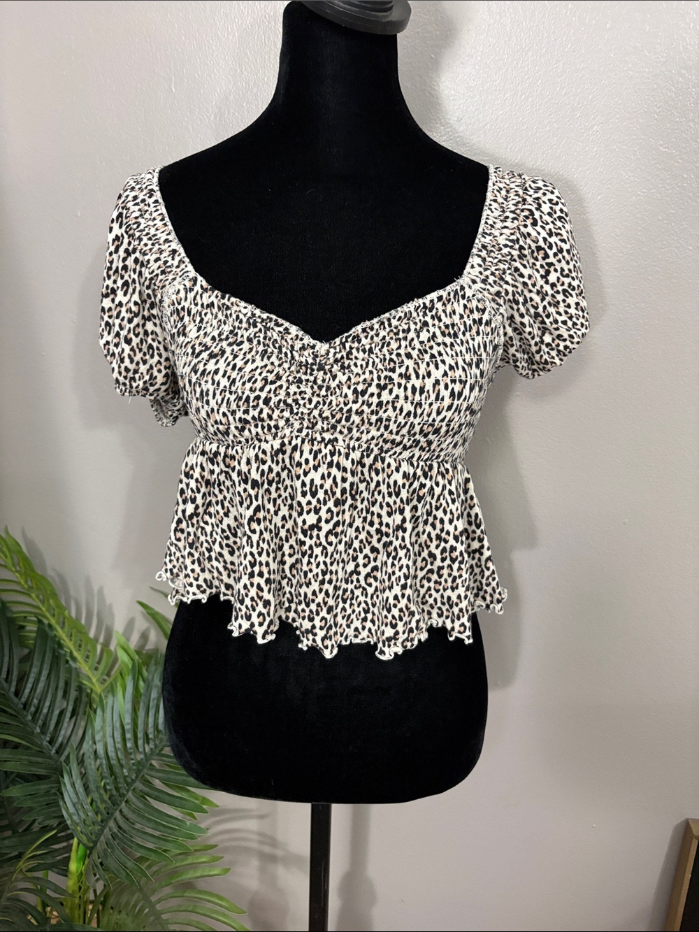 Urban Outfitters Cream, Black and Brown Leopard Smocked Peplum Crop Top